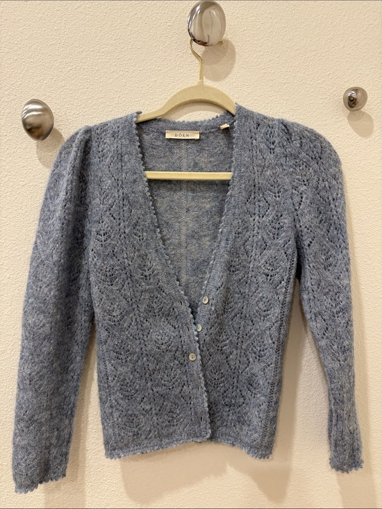 Doen Sweaters - Doen Misty Blue Lace-Pattern Mohair Cardigan